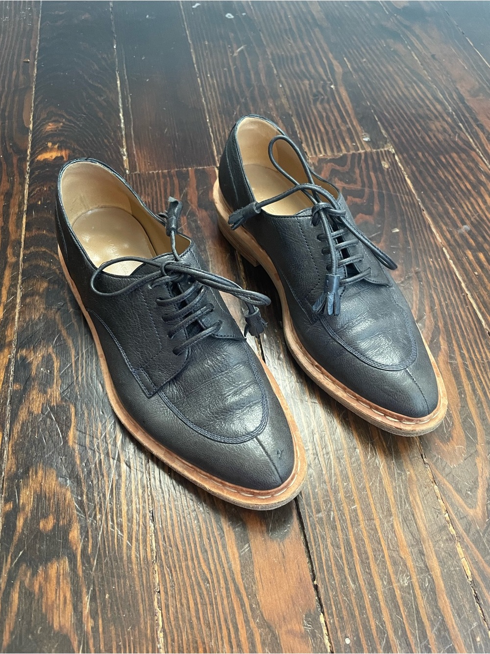 Women’s Balenciaga Navy Leather Oxford Shoes EU 37.5 US 7 Tassels Wood Heel